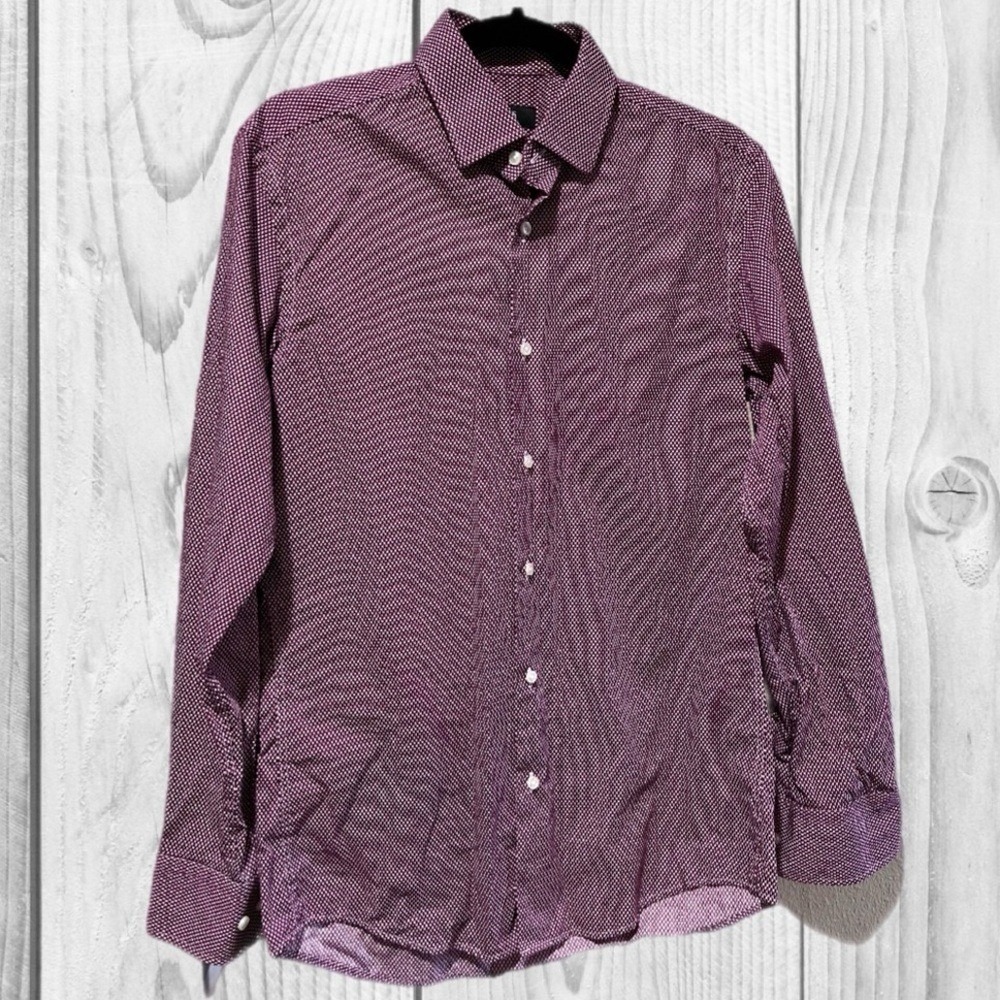 Boss Men's Dress Shirt Burgundy Pattern long sleeve minimalist slim fit size 15